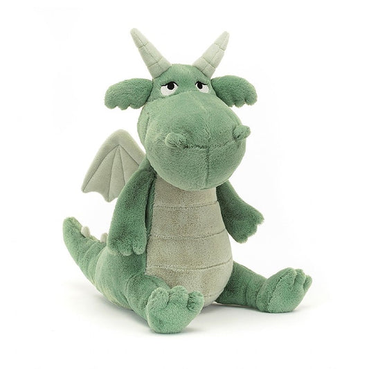 A seated green stuffed dragon with horns and wings