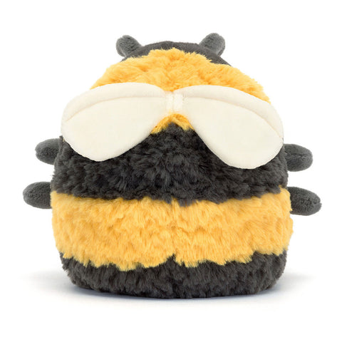 Image shows a back view of the chubby stuffed bumblebee