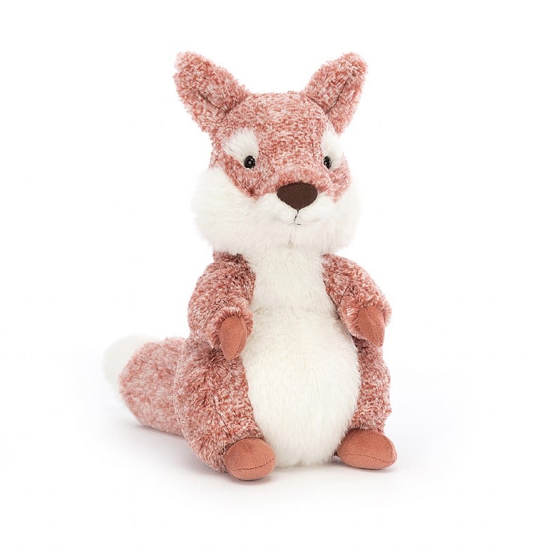 A stuffed fox with patterned red fur