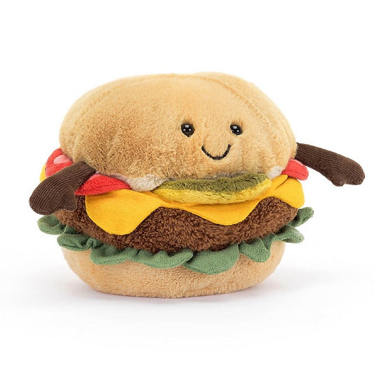 A stuffed cheeseburger with a smiley face and arms