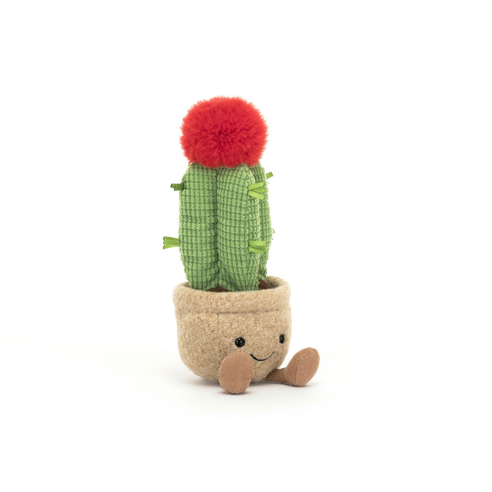 A potted stuffed moon cactus with a smiley face and feet on the pot