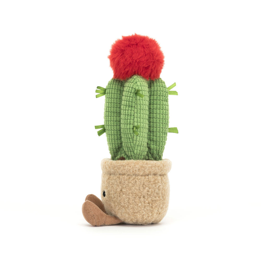 The side view of a stuffed potted moon cactus with a smiley face and feet on the pot