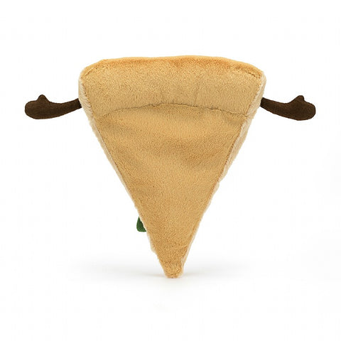 The back view of a stuffed slice of pizza with arms sticking out of the crust