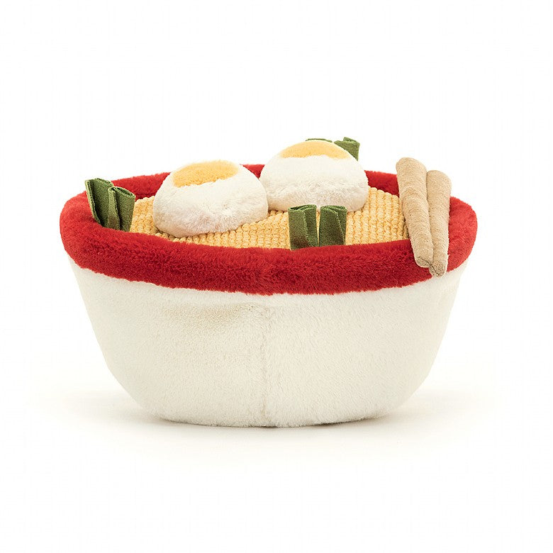 The back view of a stuffed bowl of ramen