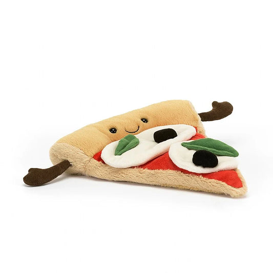 A stuffed slice of pizza with mozzarella, olives, and basil. The pizza has a smiley face and arms in the crust.