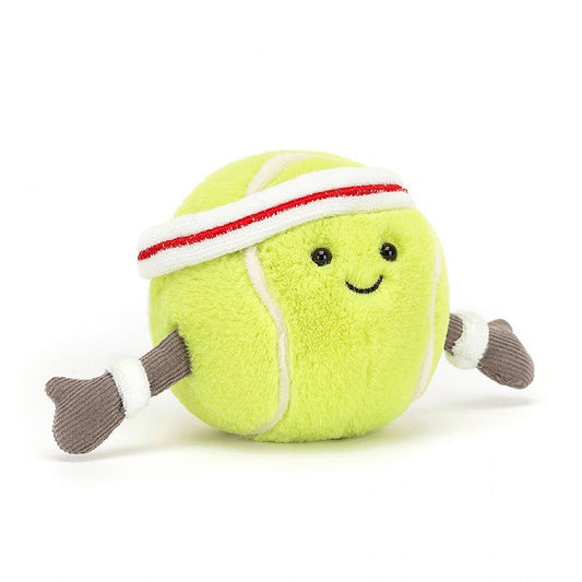 A stuffed tennis ball with a smiley face, arms, and a sweatband around its top.