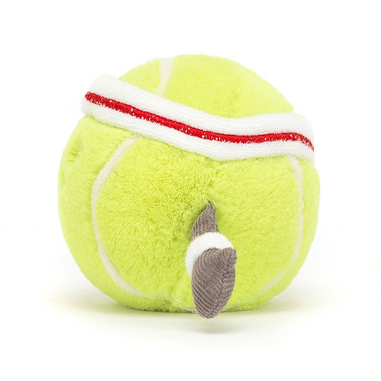 The side view of A stuffed tennis ball with a smiley face, arms, and a sweatband around its top.