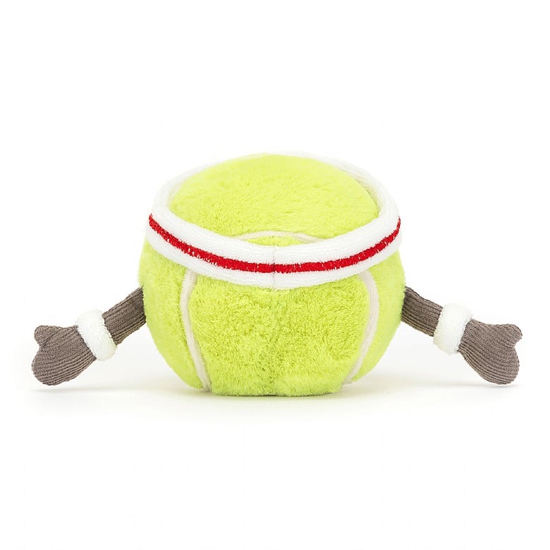 The back view of A stuffed tennis ball with arms and a sweatband around its top.