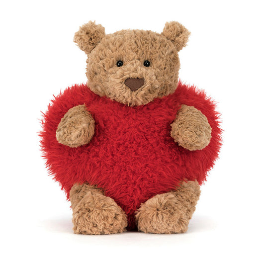 Image shows a brown teddy bear wearing a heart costume