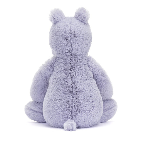 Image shows a back view of the lavender stuffed hippo