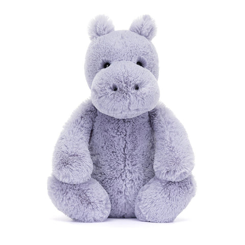 Image shows a front view of the lavender stuffed hippo