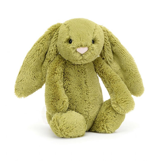 A pistachio green colored stuffed bunny with floppy ears and a pink nose