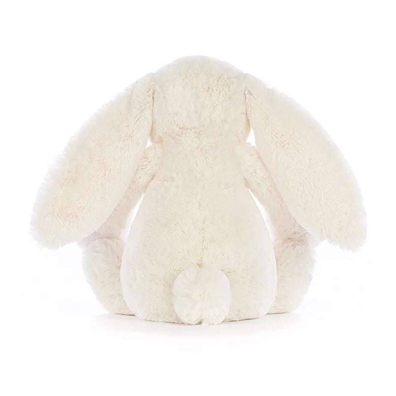 A back view of the same stuffed bunny, showing its fluffy white tail