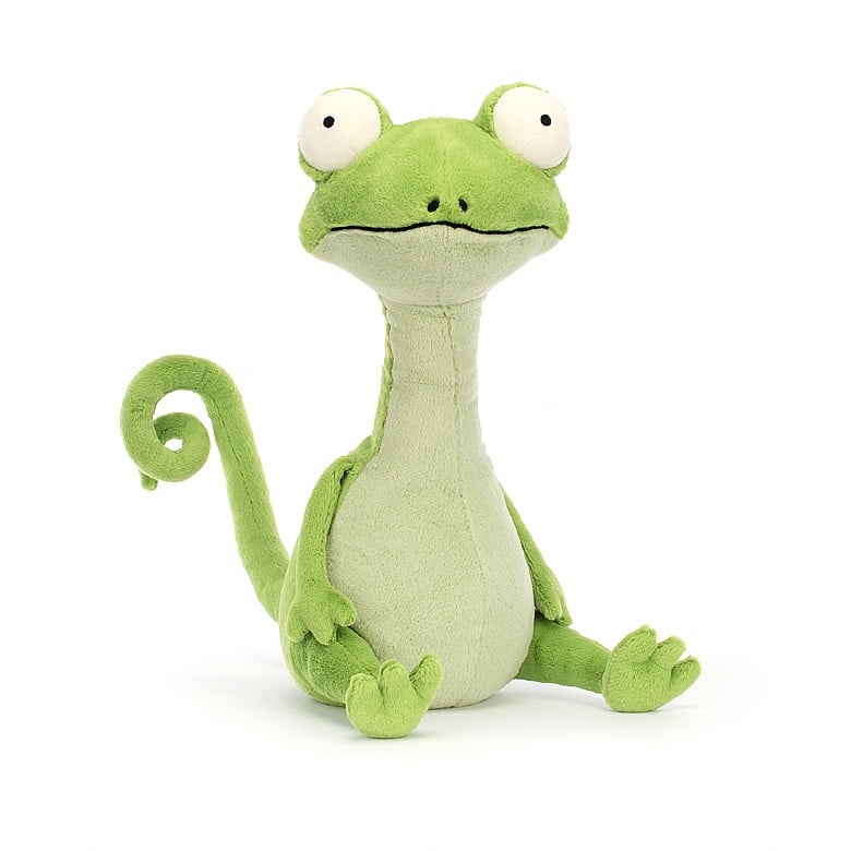 A seated, stuffed chameleon with a long neck, curly tail, and googly eyes