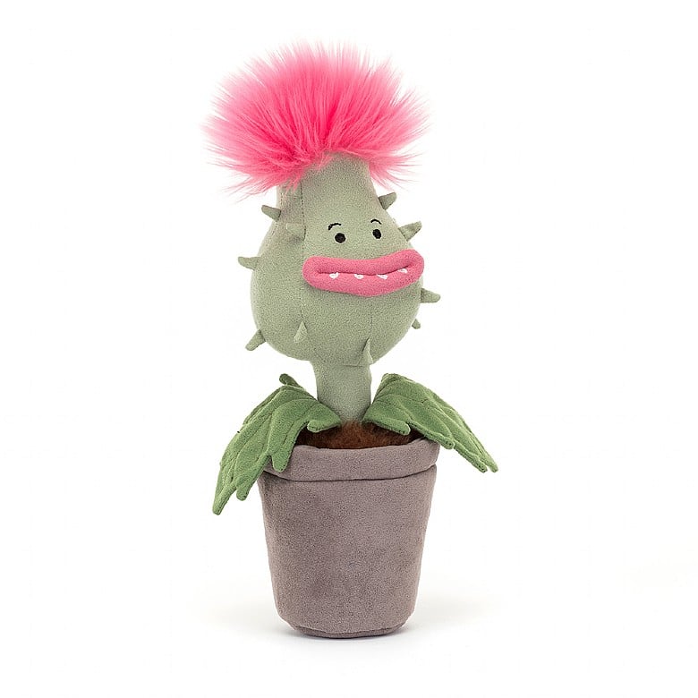 A potted spikey plant with pink tufty hair, pink lips, and small fangs