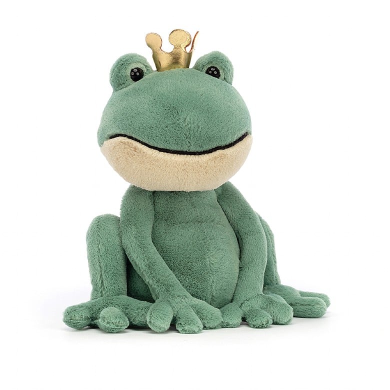 A stuffed frog in a seated position. He has a gold crown on his head.