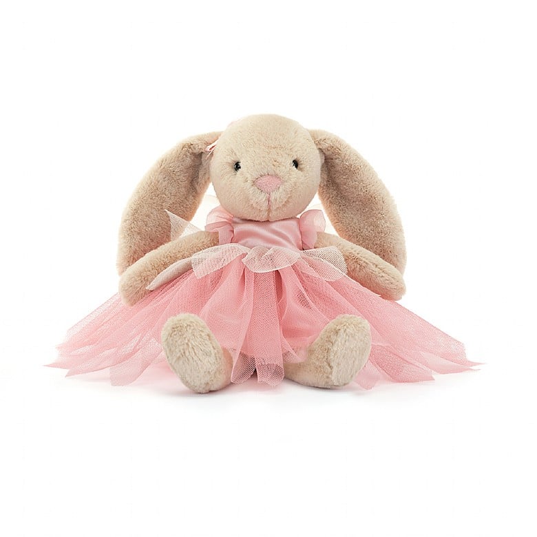 A tan stuffed bunny in a pink ballet costume