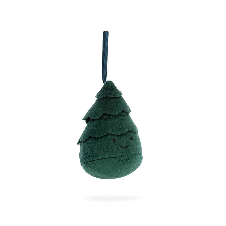 A Christmas ornament in the form of a stuffed Christmas tree with a happy face