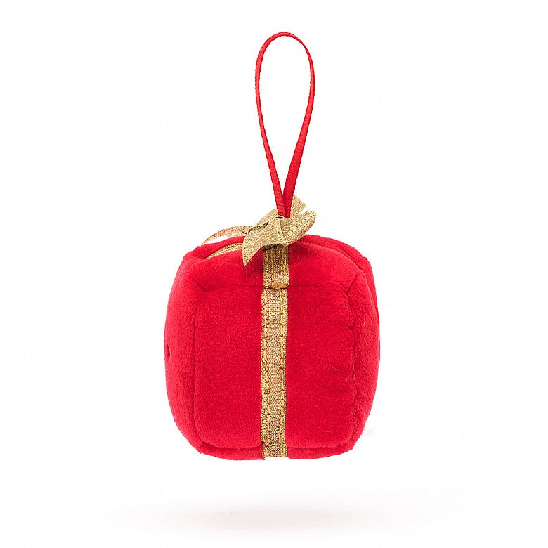 A side view of the stuffed gift Christmas ornament