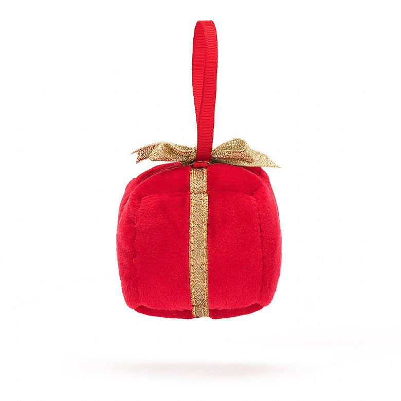 A back view of the stuffed gift Christmas ornament