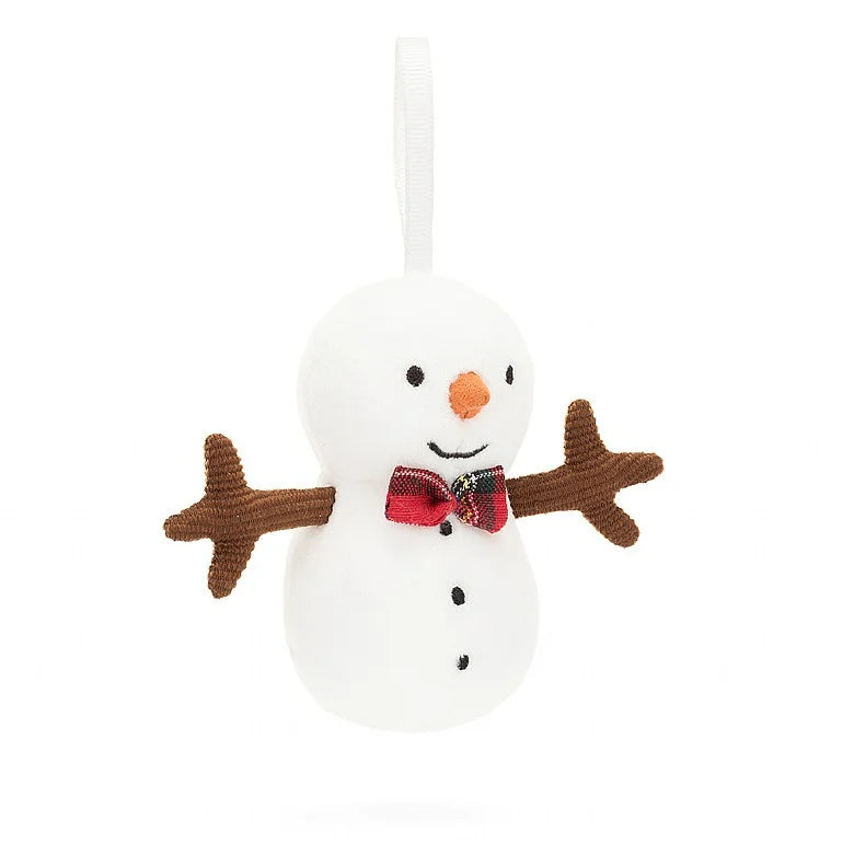 A Christmas ornament in the form of a stuffed snowman