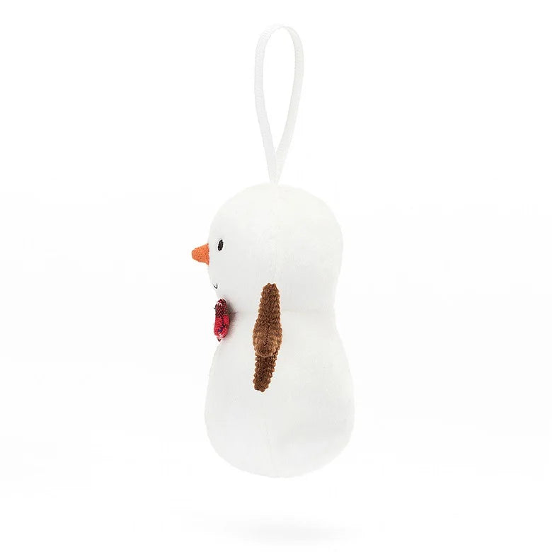 A side view of the stuffed snowman Christmas ornament