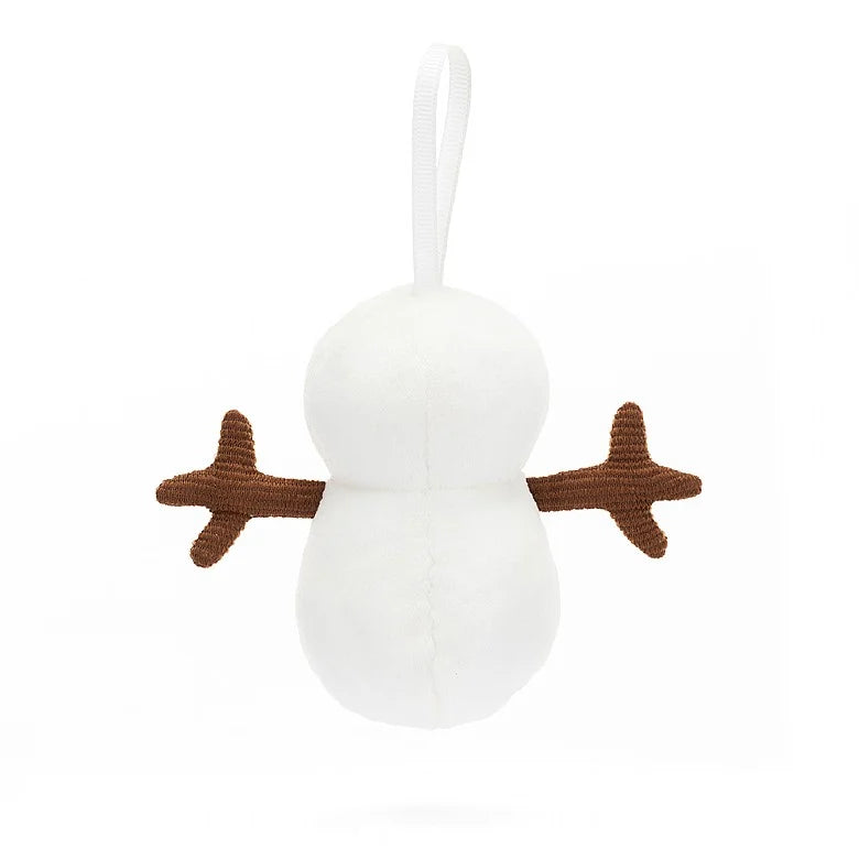 A back view of the stuffed snowman Christmas ornament