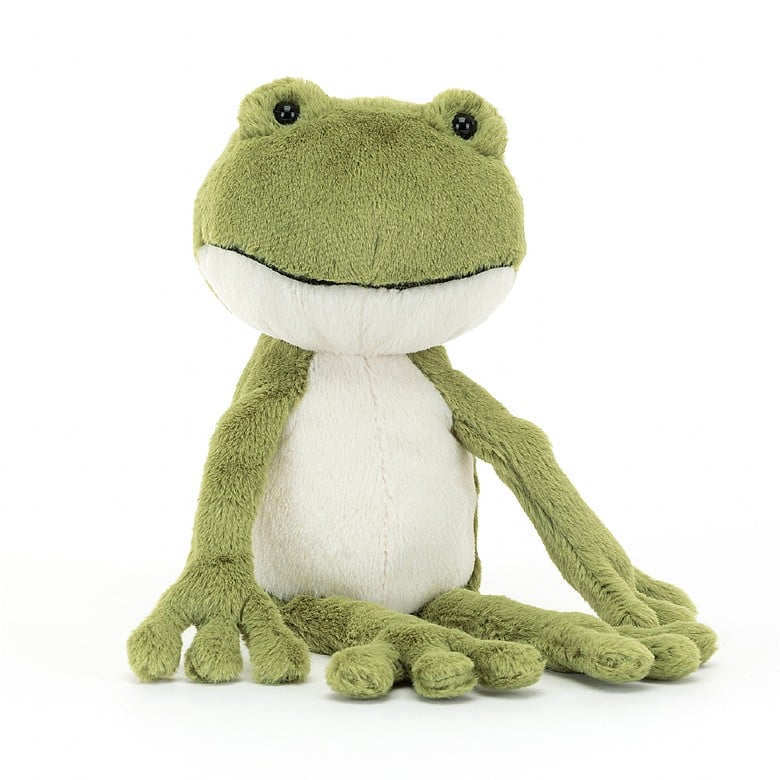 A stuffed frog with a cream colored chin and belly