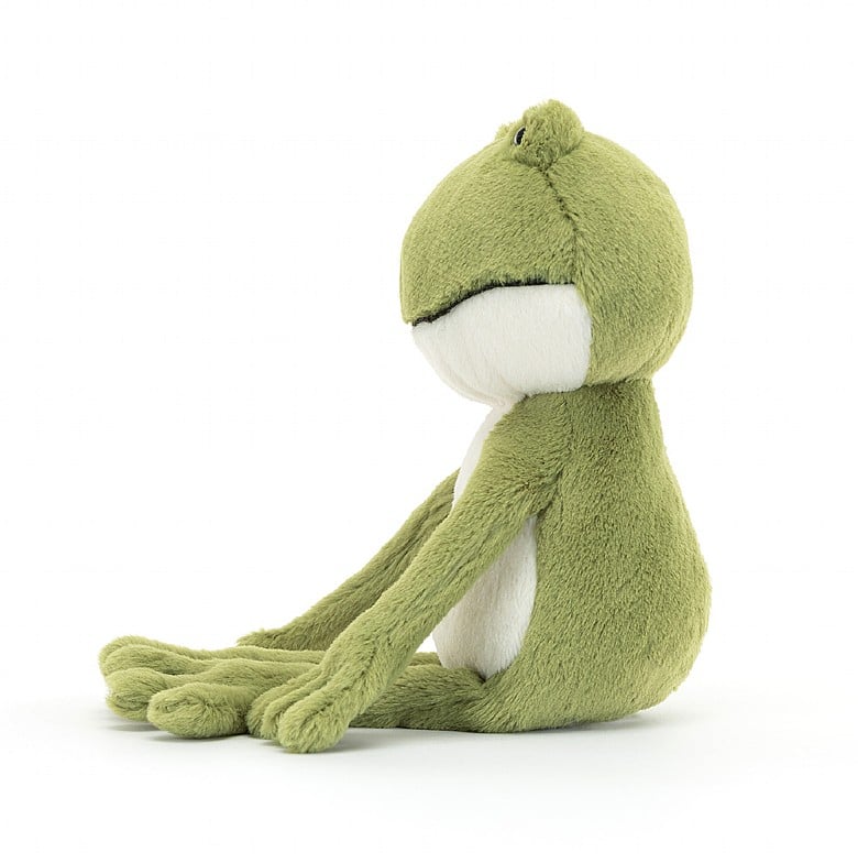 A side view of the stuffed frog