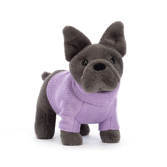 A dark grey stuffed French Bulldog wearing a lavender-colored sweater