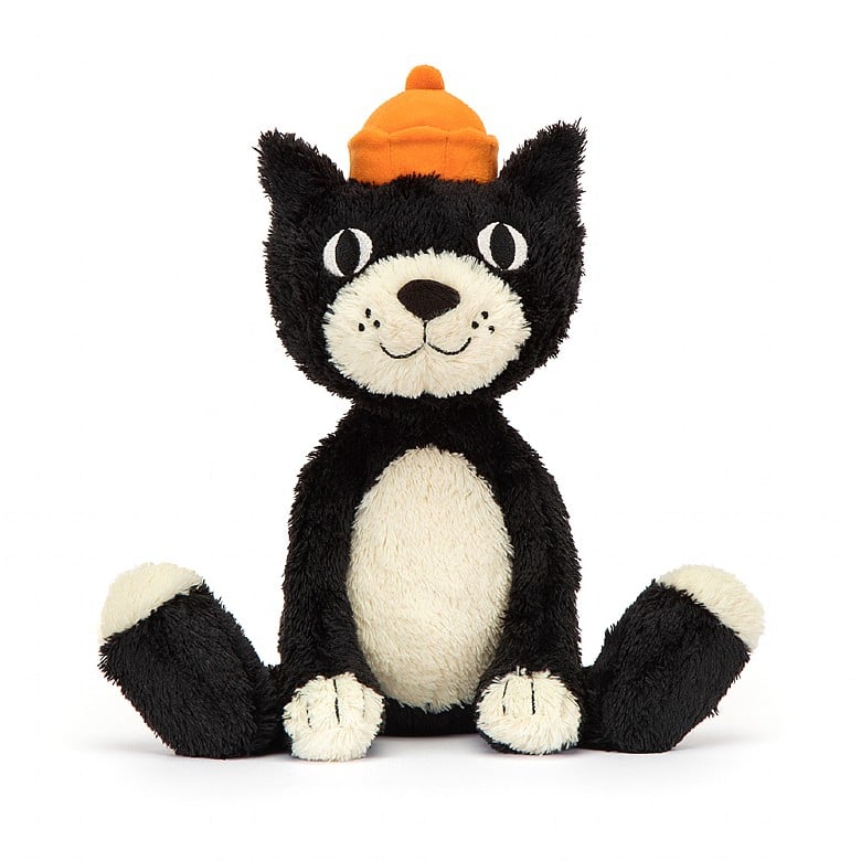 A stuffed version of the Jellycat logo. A black & white cat with large back paws and an orange cap.