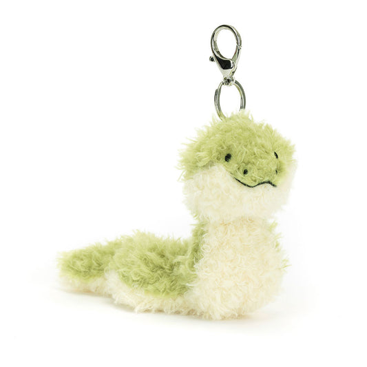 Image shows a fuzzy green snake attached to a keychain