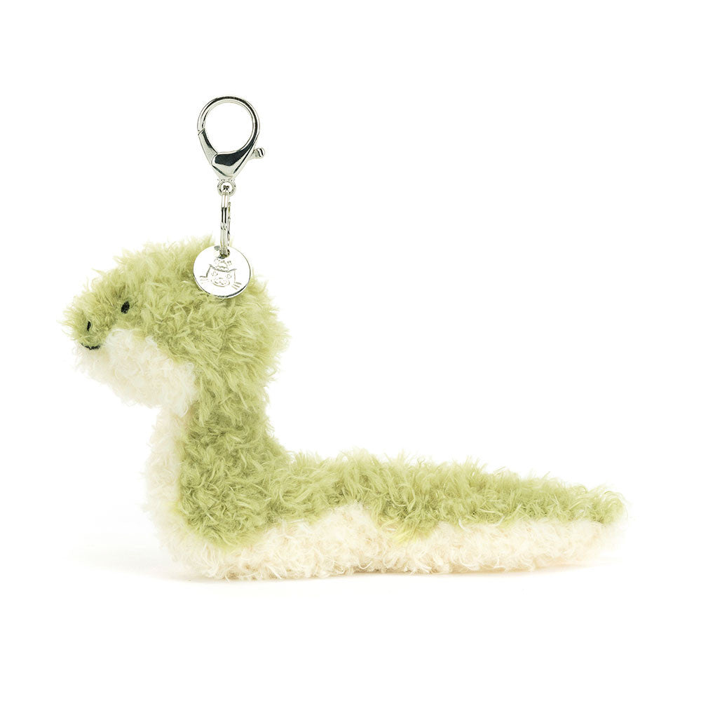 Image shows a side view of the stuffed snake keychain