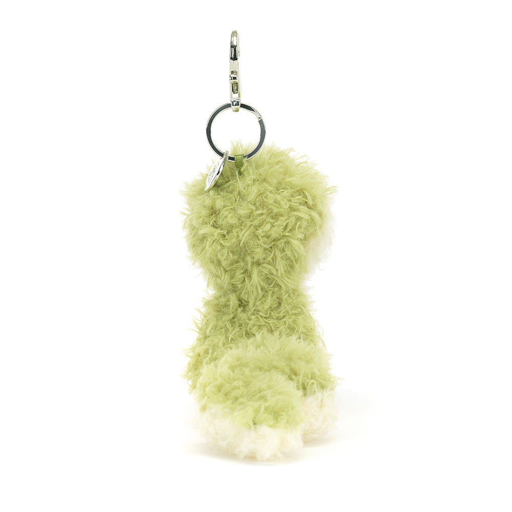 Image shows a back view of the stuffed snake keychain