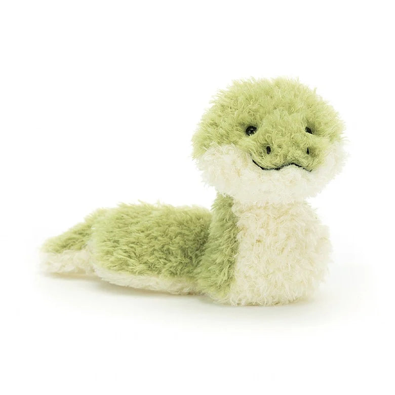 A small, scruffy looking stuffed snake