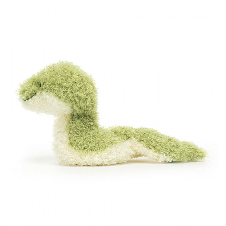 A side view of the scruffy stuffed snake