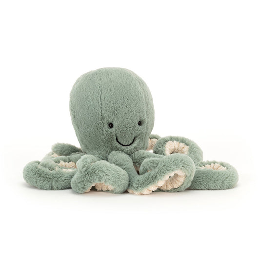 A light green colored stuffed octopus with a smiley face and curly tentacles