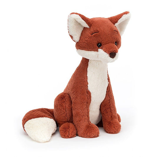 A tall, seated stuffed fox with large ears and a fluffy tail