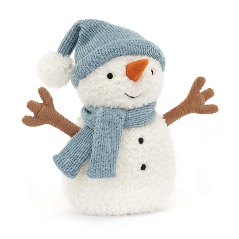 A stuffed snowman wearing a light blue scarf and stocking cap