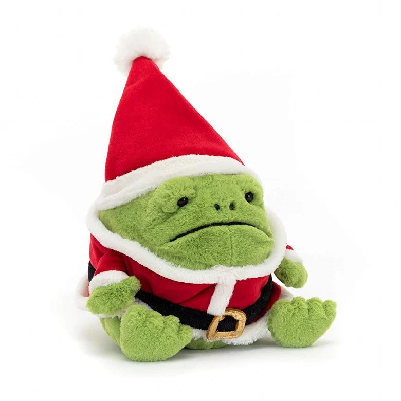 A stuffed chubby green Rain Frog wearing a Santa jacket and hat