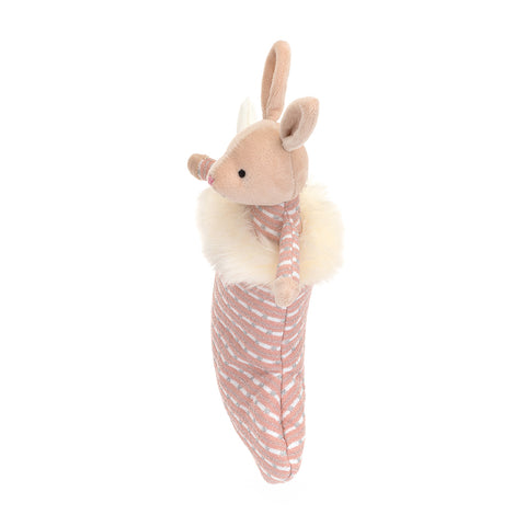 A side view of the stuffed bunny inside the stocking
