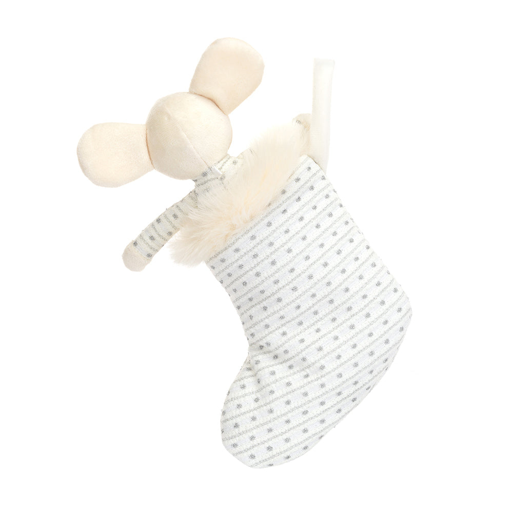 A back view of the stuffed mouse inside a stocking