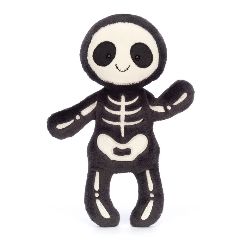 A cartoon-type skeleton over a black outline of the human body