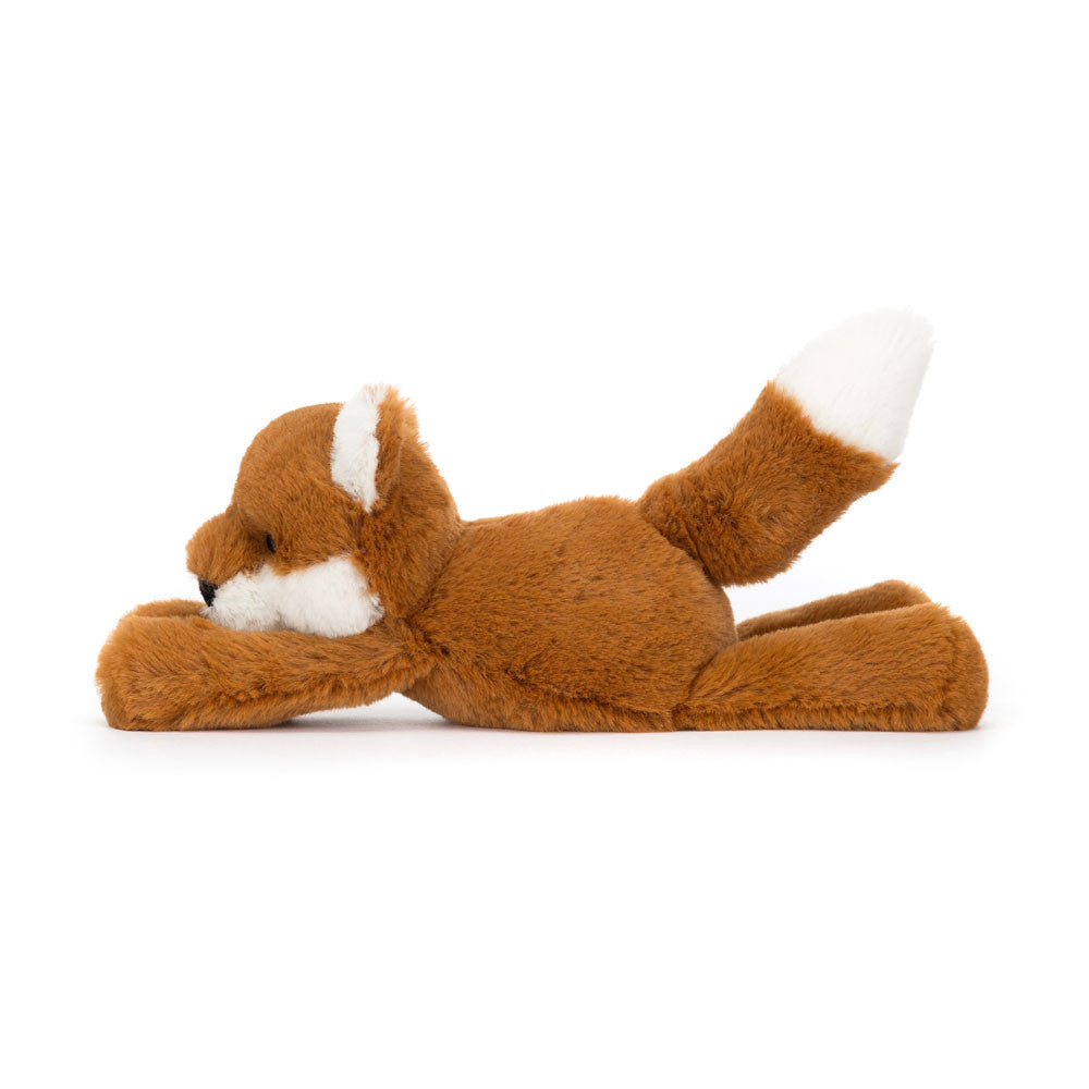 A side view of the floppy stuffed fox