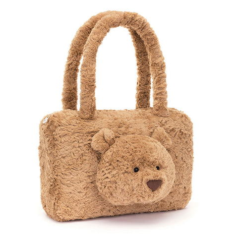 Image shows a brown, fuzzy tote bag with a teddy bear face on the front