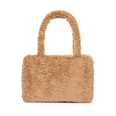 Image shows a back view of the brown, fuzzy tote bag