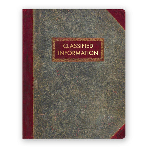 Image shows a grey journal with red corners and spine. Cover text reads "classified information" in gold.