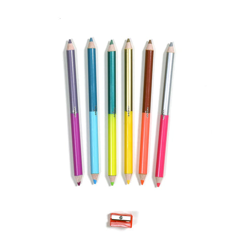 Image shows the 6 double-sided colored pencils and the included sharpener