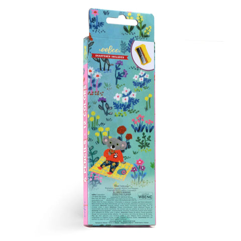 Image shows the back of the box. It has a koala sitting in a field of wildflowers.