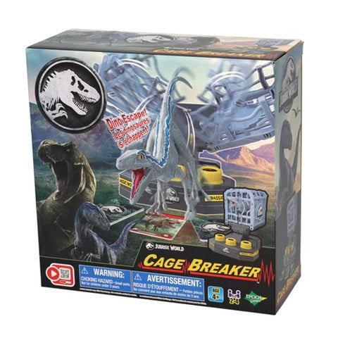Image shows the box for the game, which shows a Velociraptor breaking out of a cage.